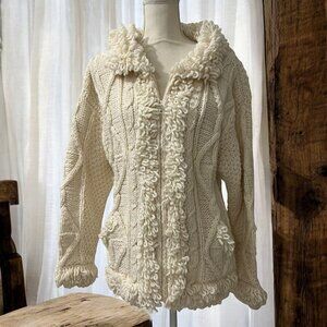 Ecuadorian‎ Cream Wool Fisherman Cable Knit Cottagecore Cardigan Sweater Size M